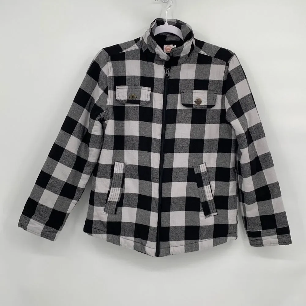 Wonder Nation Plaid Shacket Flannel Collared Full Zip Jacket Black White XL